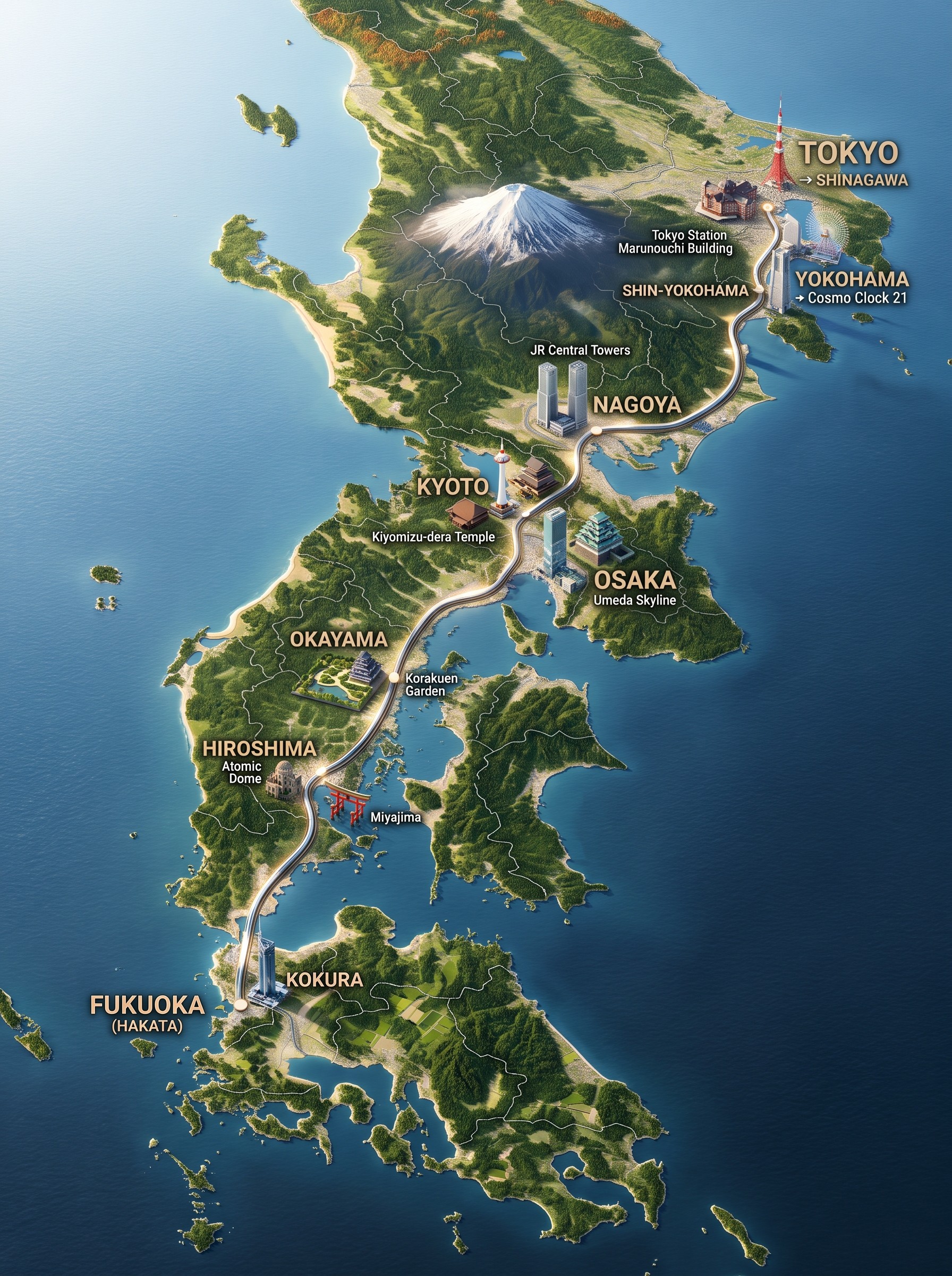 Illustrated map of the Tokaido-Sanyo Shinkansen route from Tokyo to Hakata via Nagoya, Kyoto, Shin-Osaka and Hiroshima